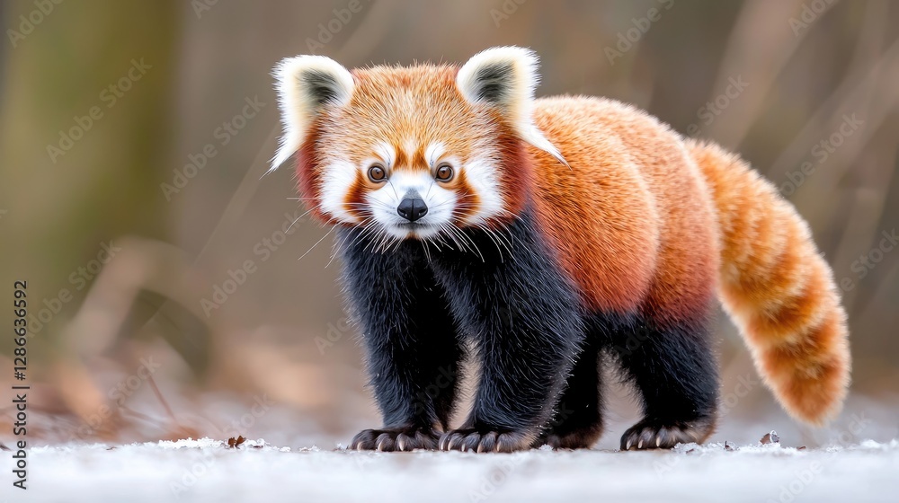 Red panda walking in snowy forest Red panda walking in snowy forest
