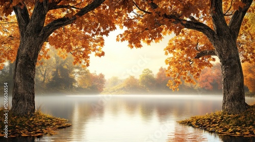 Autumnal Lake Landscape with Fog and Colorful Trees at Sunrise