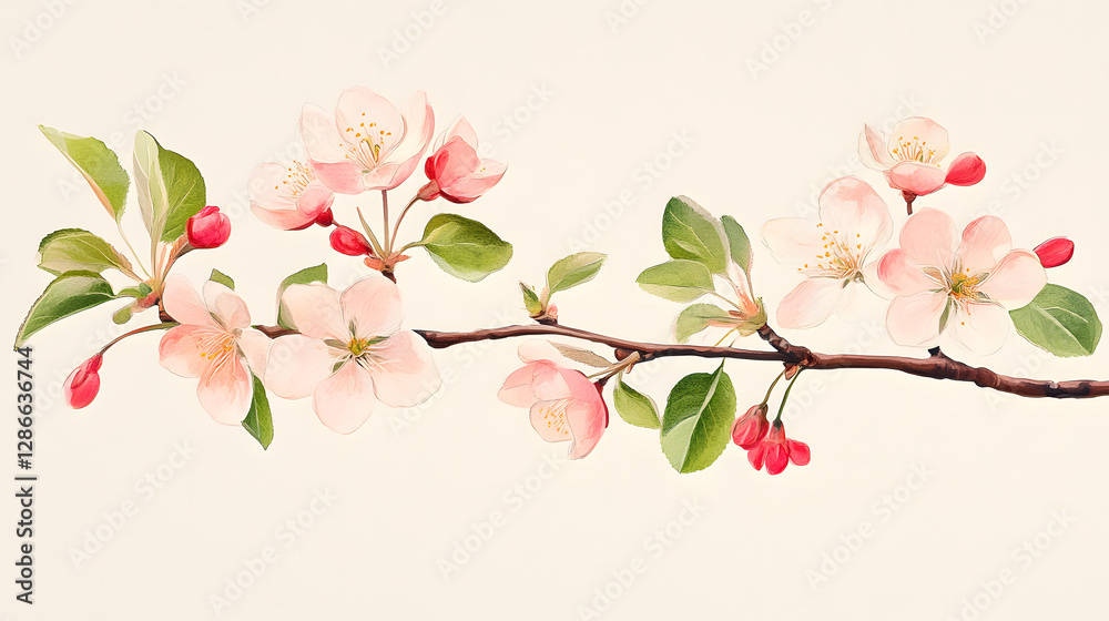 A delicate a flowering branch, featuring soft pink blossoms, fresh green leaves, and intricate botanical details. spring bud A delicate a flowering branch, featuring soft pink blossoms, fresh green leaves, and intricate botanical details. spring bud