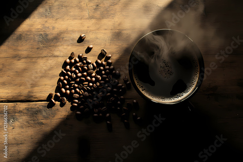 Coffee Delight: An overhead shot captures a rustic, inviting scene: a cup of steaming coffee is nestled beside a pile of coffee beans on a wooden table, a delightful prelude to a flavorful experience.