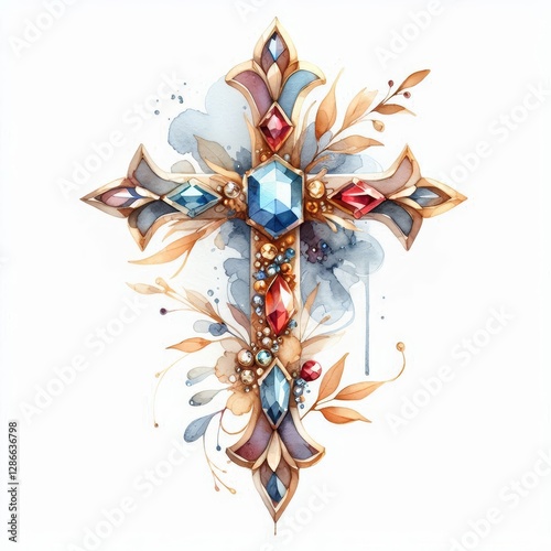 Gemstone embellished cross in ethereal watercolor artistry with organic elements photo