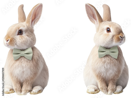 Two adorable rabbits wearing stylish bow ties on a white isolated background.