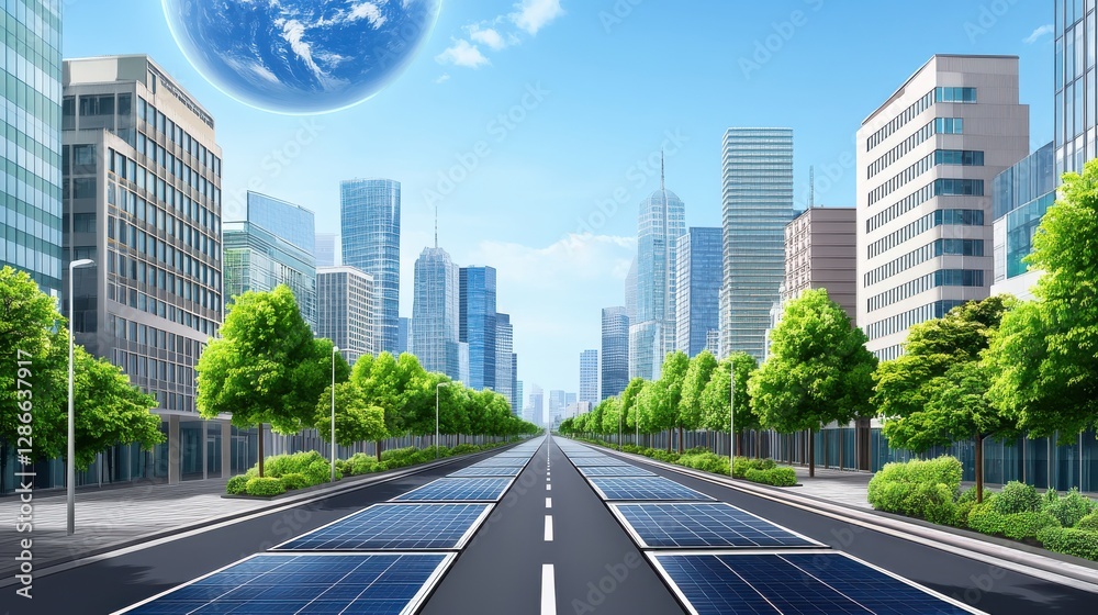 Futuristic Cityscape with Solar Panels and Greenery Under Vibrant Sky and Earth in Background Futuristic Cityscape with Solar Panels and Greenery Under Vibrant Sky and Earth in Background
