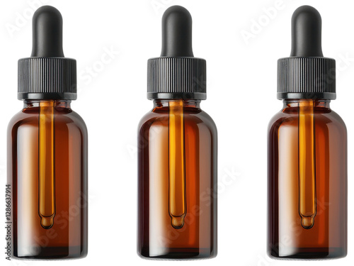 Three amber glass dropper bottles with black caps, ideal for essential oils and herbal extracts.