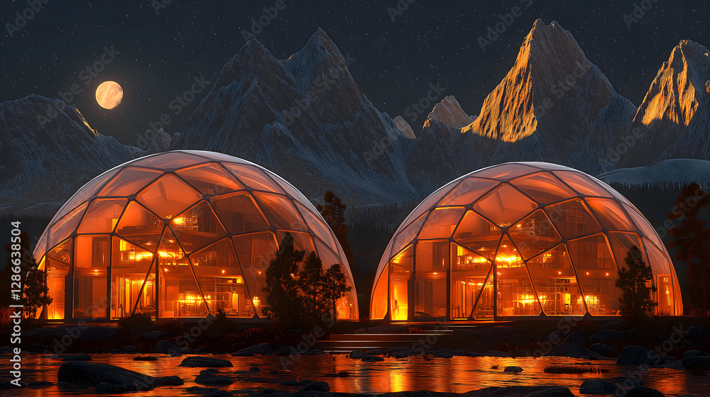 Futuristic domed structures on Mars glow warmly under starry sky, with rugged mountains in background. scene evokes sense of advanced technology and serene isolation