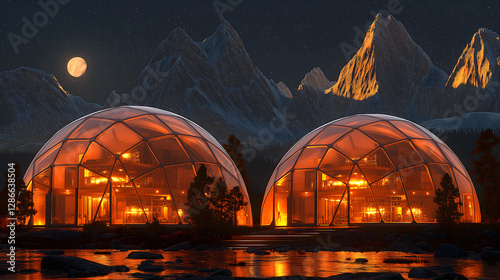 Obraz na płótnie Futuristic domed structures on Mars glow warmly under starry sky, with rugged mountains in background. scene evokes sense of advanced technology and serene isolation w salonie