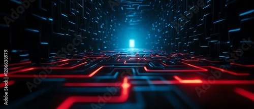 Futuristic digital corridor with blue light