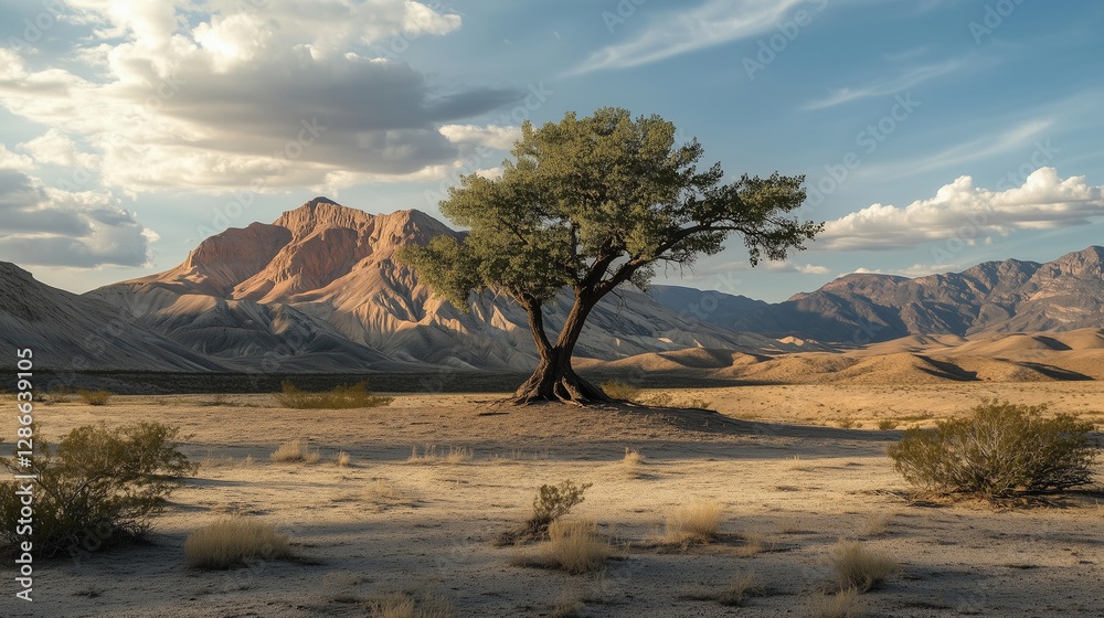Naklejka premium A lone tree stands in a vast arid desert landscape