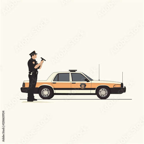 Police Officer with Gun and Patrol Car