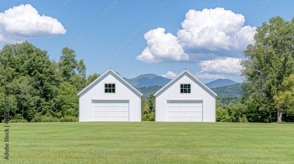 Twin white barns, green field, mountain view, summer day, real estate Twin white barns, green field, mountain view, summer day, real estate