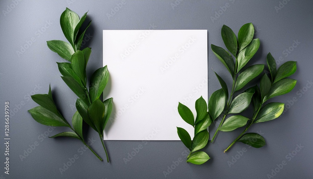 Natural composition of green branches and blank paper on gray paper background with copy space. Flat lay Natural composition of green branches and blank paper on gray paper background with copy space. Flat lay