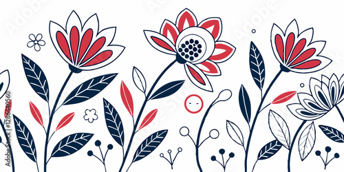 Create a modern geometric floral pattern with bold abstract flower shapes and line art.