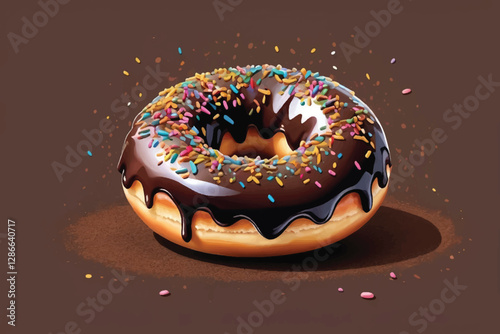 Falling frosted sprinkled chocolate donut, sweet doughnut isolated on transparent background

