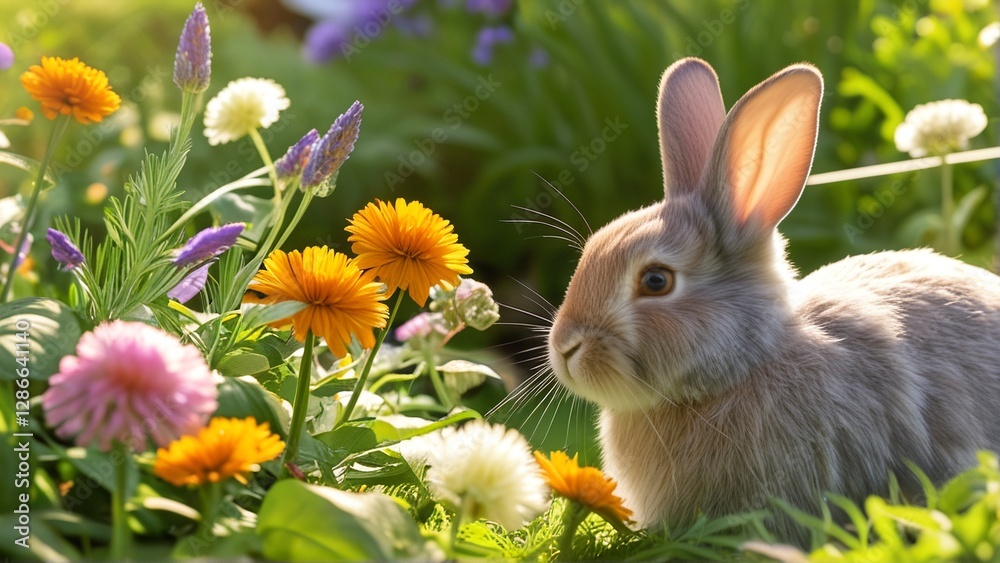A rabbit in a garden, surrounded by colorful flowers, bathed in warm sunlight. A rabbit in a garden, surrounded by colorful flowers, bathed in warm sunlight.