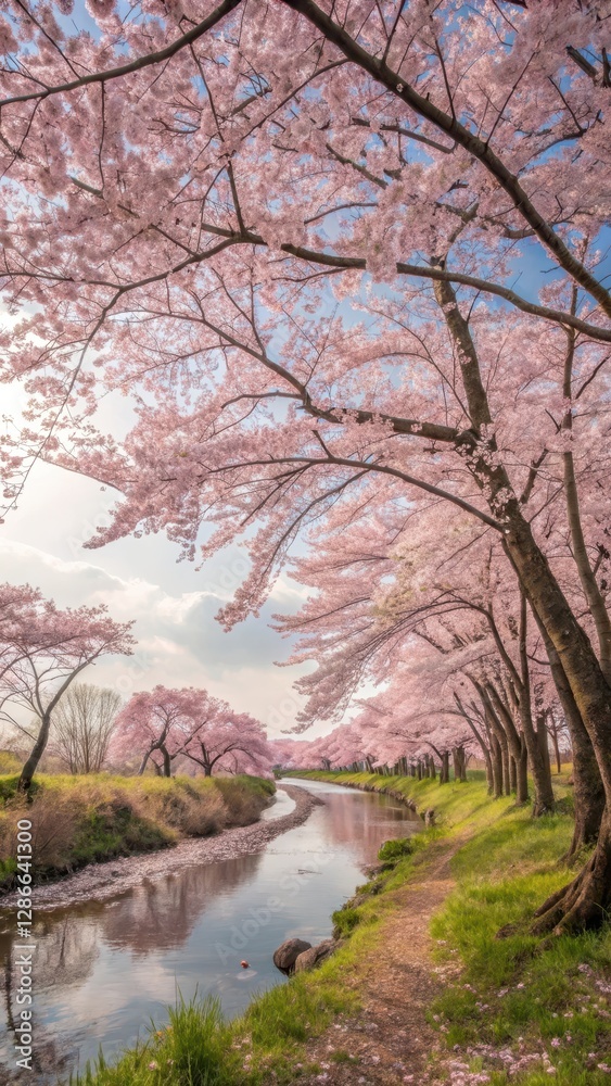 Cherry Blossom Trees Blooming Over Tranquil River in Spring Cherry Blossom Trees Blooming Over Tranquil River in Spring
