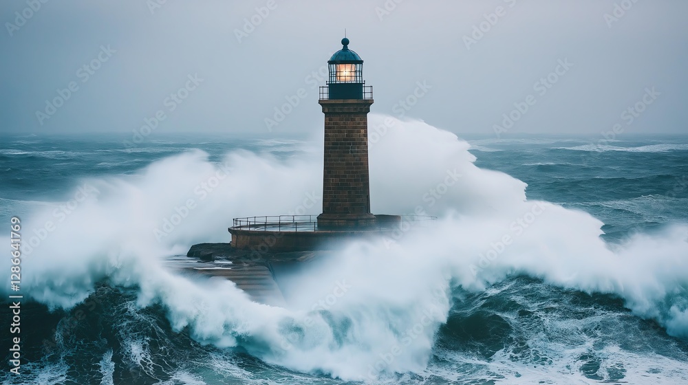 A dramatic lighthouse standing against crashing ocean waves. A dramatic lighthouse standing against crashing ocean waves.
