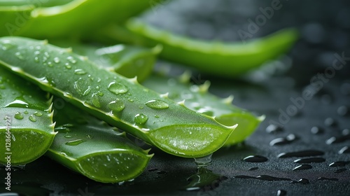 Freshly cut aloe vera leaves placed on a wet surface in bright light