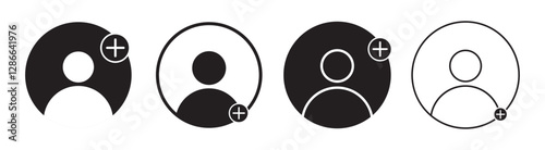 Add user icon set. Person profile avatar with plus, add account symbol. Add user icon set. Follow user, add contact, people, member, account Icon set. Person profile avatar with plus symbol. Vector