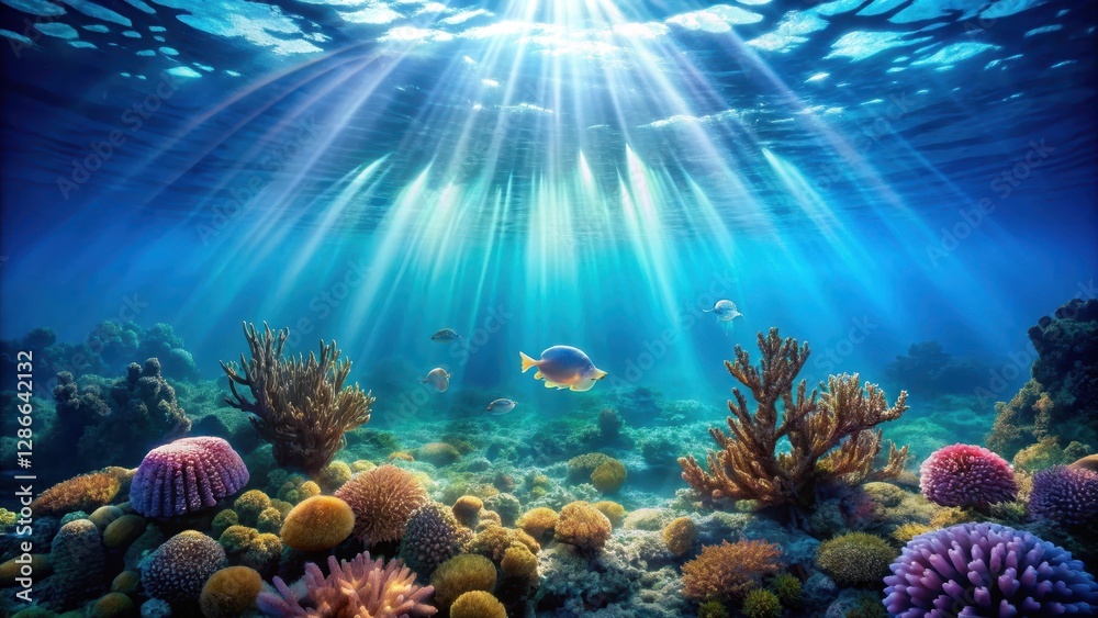 Fototapeta premium A serene underwater scene with soft blue light filtering through coral and seaweed, illuminated by a gentle glow emanating from jellyfish in the distance, underwater scene, coral