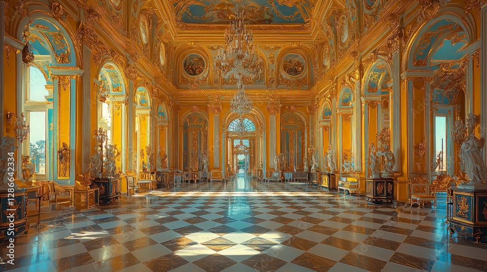 Obraz premium Sunlit Palace Ballroom, Checkered Floor, Ornate Decor