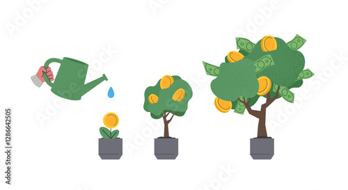 Money tree growth. Watering money tree. Financial growth concept. Vector flat illustration of investment, passive income, saving money and financial management.