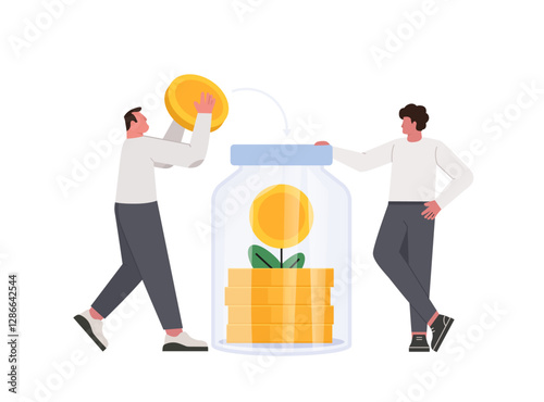 People characters collect and putting coins in glass jar. Family couple saving money. Deposit growth and money savings concept. Vector illustration isolated on white background.