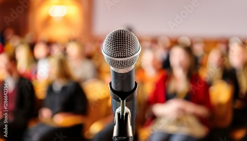 microphone on stage in front of audience