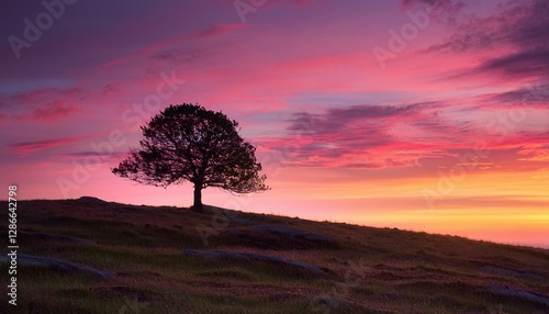 solitary tree on hill with pink hued sunset symbolizing peace and tranquility in nature serene landscape sunset tree minimalistic nature scene peaceful environment scenic view for relaxation photo
