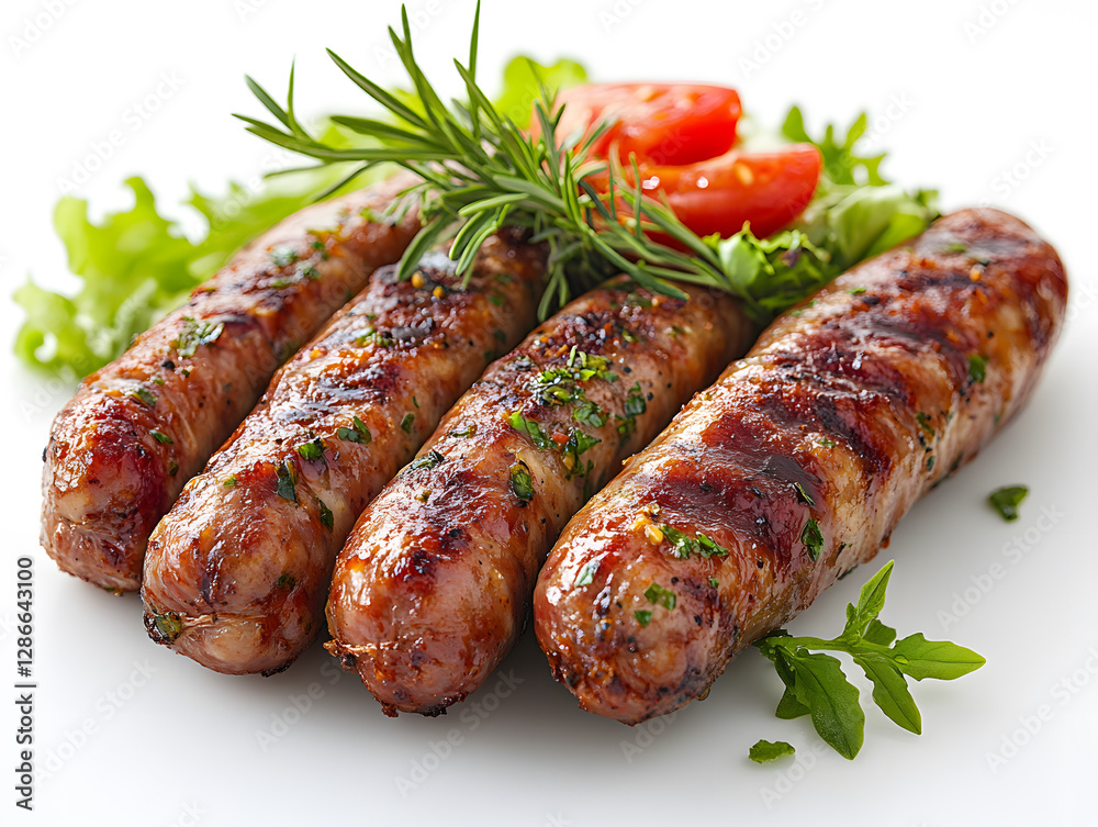 Grilled Sausages With Cherry Tomatoes and Herbs Arranged on a Black Plate in a Rustic Kitchen Setting Grilled Sausages With Cherry Tomatoes and Herbs Arranged on a Black Plate in a Rustic Kitchen Setting