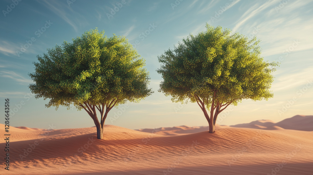 Two green trees grow in a sandy desert landscape Two green trees grow in a sandy desert landscape