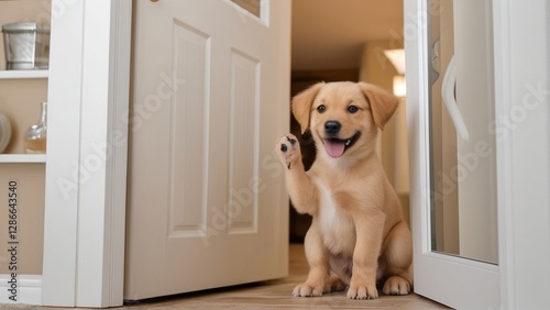 A happy puppy with a paw raised, standing at the open door of a cozy room.