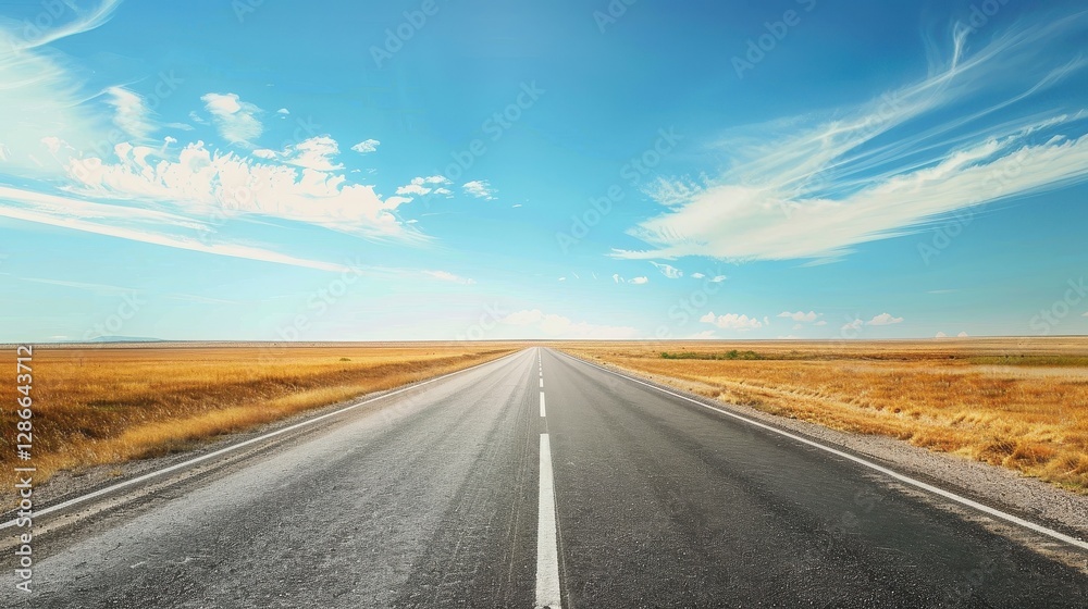 A Quiet Road Stretching Towards the Horizon Under a Blue Sky A Quiet Road Stretching Towards the Horizon Under a Blue Sky
