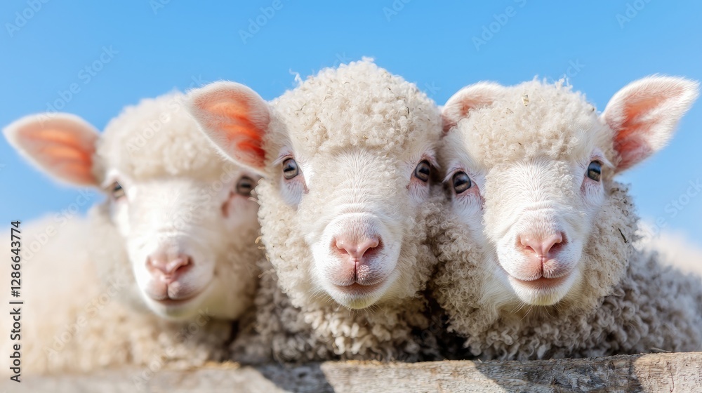 Three lambs huddle, farm background, springtime Three lambs huddle, farm background, springtime