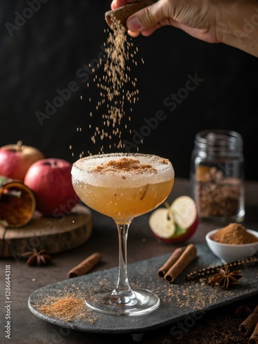 Hand Sprinkles Cinnamon on Apple Cider Cocktail with Spices and Apples
