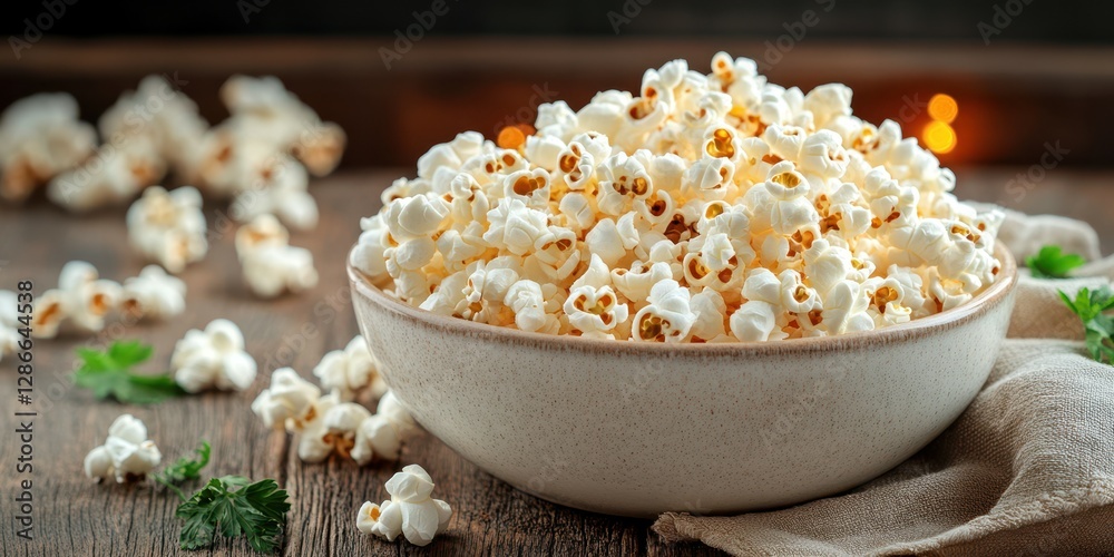 Freshly popped popcorn served in a rustic bowl on a wooden table with decorative greenery in soft lighting Freshly popped popcorn served in a rustic bowl on a wooden table with decorative greenery in soft lighting