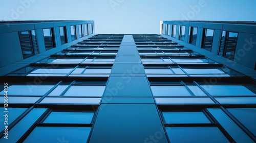 Tall blue building with large windows viewed from below