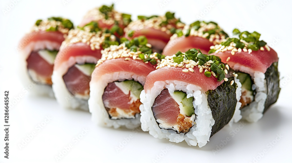 Closeup of a temaki sushi roll with rice, raw fish and vegetables in a seaweed coat isolated on a white background. Closeup of a temaki sushi roll with rice, raw fish and vegetables in a seaweed coat isolated on a white background.