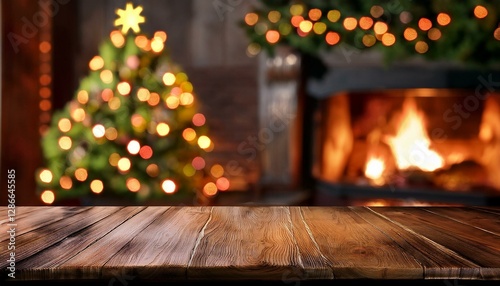 empty wooden table top with a blurred christmas tree and fireplace in the background