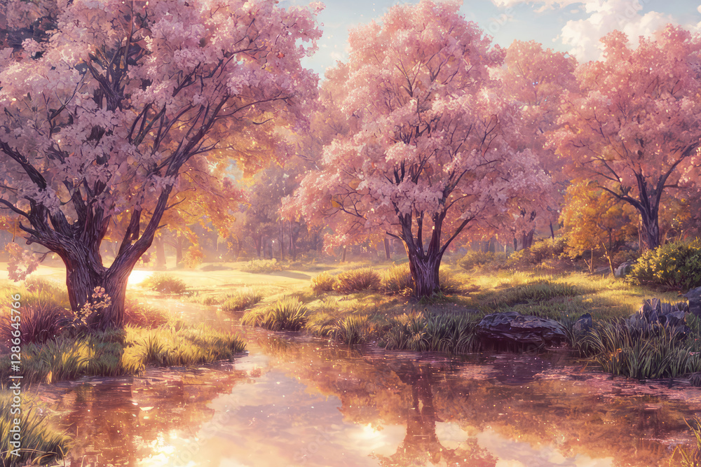 Fototapeta premium Tranquil Riverbank with Blooming Cherry Blossoms