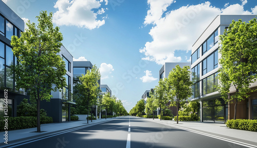 Tranquil Urban Road - Modern Apartment Buildings & Green Trees in Sunlight

