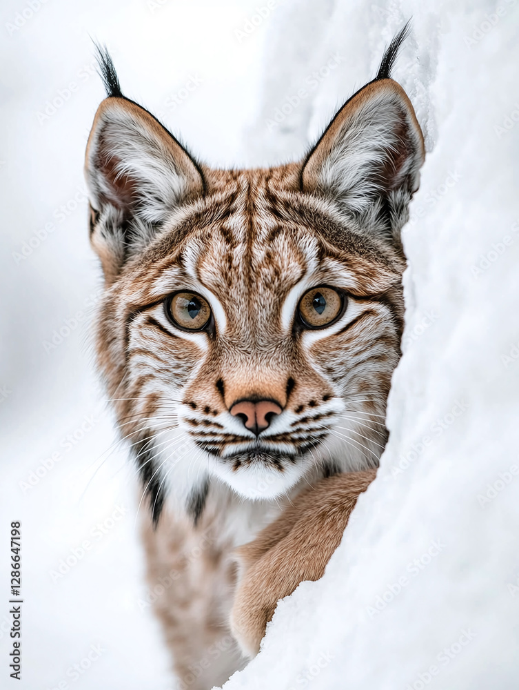 Fototapeta premium Sneaking lynx isolated on a white background, animal.