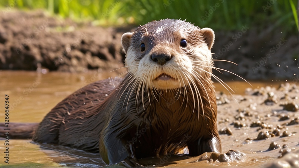 A curious otter wades through muddy water, its whiskers and expressive eyes capturing its playful demeanor. A curious otter wades through muddy water, its whiskers and expressive eyes capturing its playful demeanor.