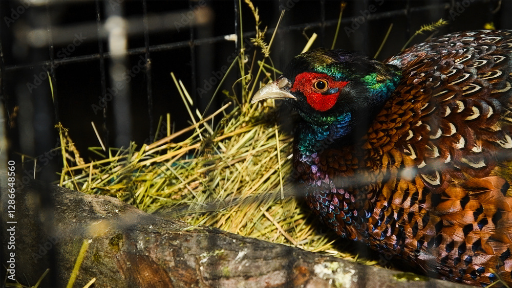 Obraz premium Portrait of Pheasant sitting in an aviary.