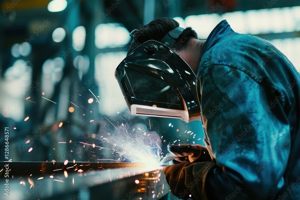 Worker in Protective Mask Engaged in Welding with Bright Sparks Worker in Protective Mask Engaged in Welding with Bright Sparks