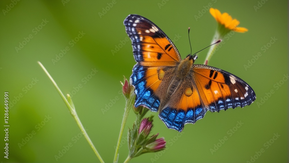 A vibrant butterfly perched on a flower, showcasing orange, blue, and black patterns against a green background. A vibrant butterfly perched on a flower, showcasing orange, blue, and black patterns against a green background.