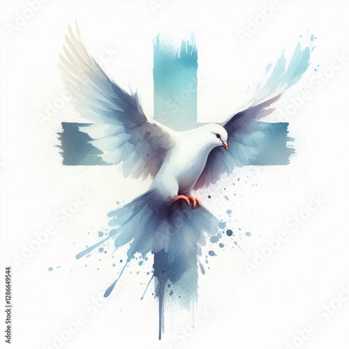 Symbolic representation of faith, hope, and peace, Dove and Cross with Holy Spirit concept in minimalist watercolor art form