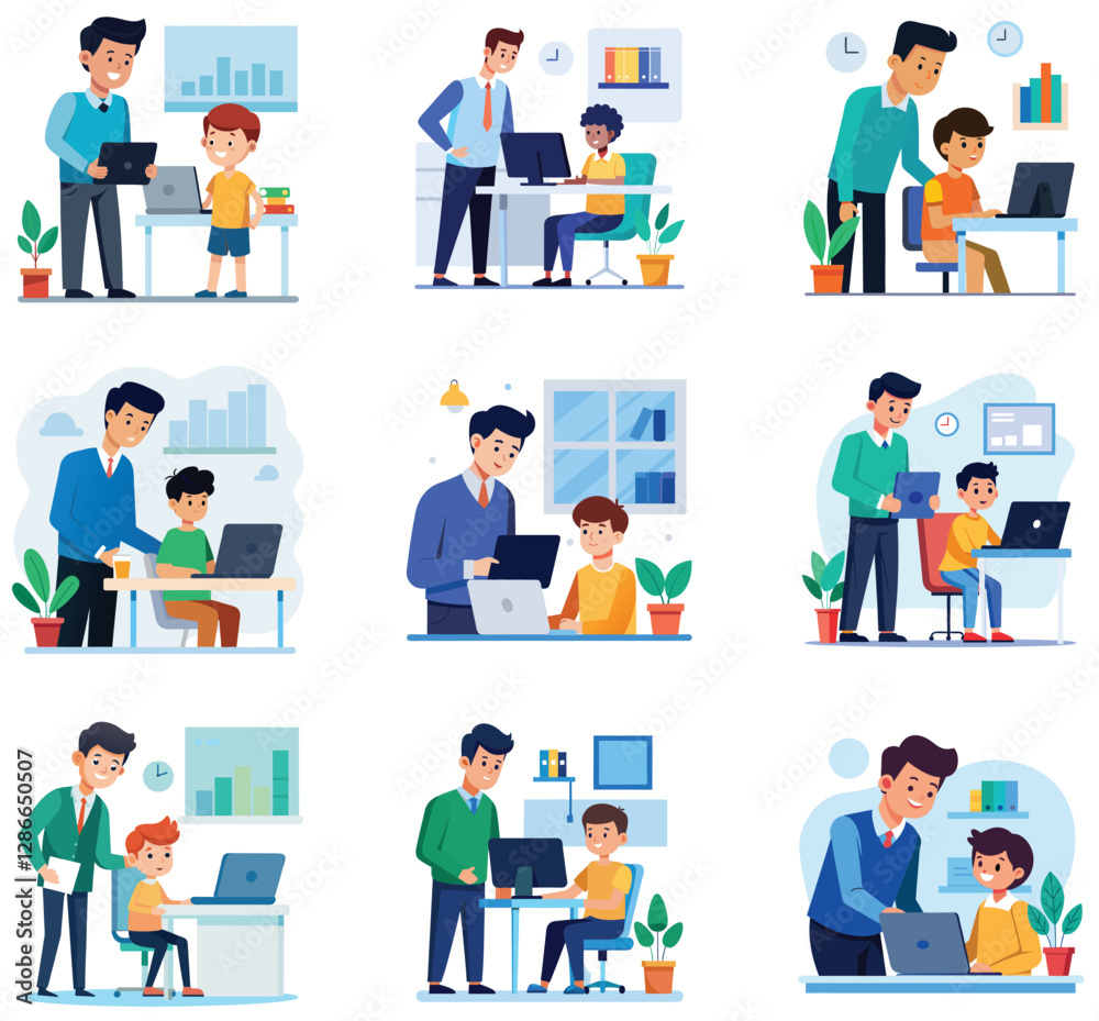 Modern Office Learning and Mentorship Vector Illustration Set