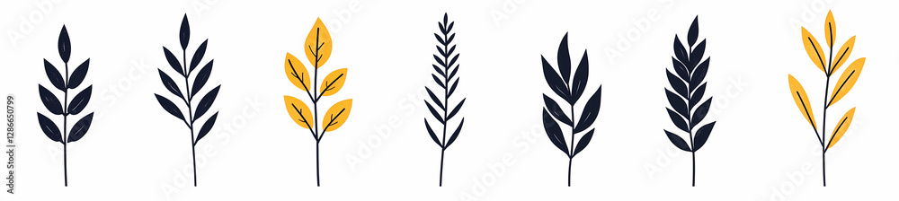 Botanical Collection: A minimalist and artistic presentation of seven stylized botanical elements, including leaves, branches, and sprigs, in shades of gold and black. Botanical Collection: A minimalist and artistic presentation of seven stylized botanical elements, including leaves, branches, and sprigs, in shades of gold and black.
