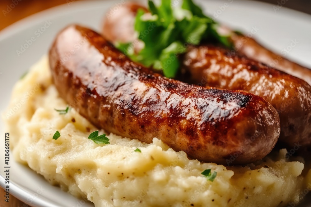 Bangers and Mash on creamy mashed potatoes, garnished with chives, showcasing classic British comfort food. Bangers and Mash on creamy mashed potatoes, garnished with chives, showcasing classic British comfort food.