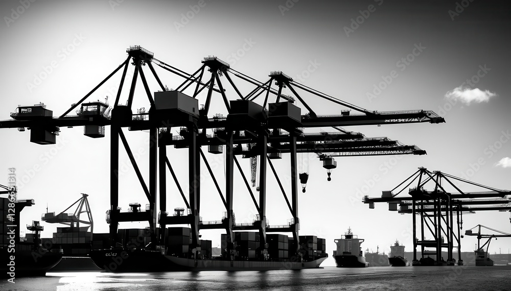 Obraz premium Powerful Cargo Ship Cranes at a Busy Container Port in Black and White